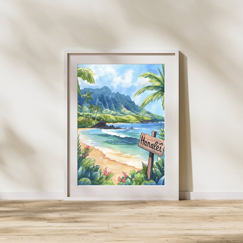 Hanalei Bay Watercolor Print, Kauai Coastal Wall Art, Tropical Hawaiian ...