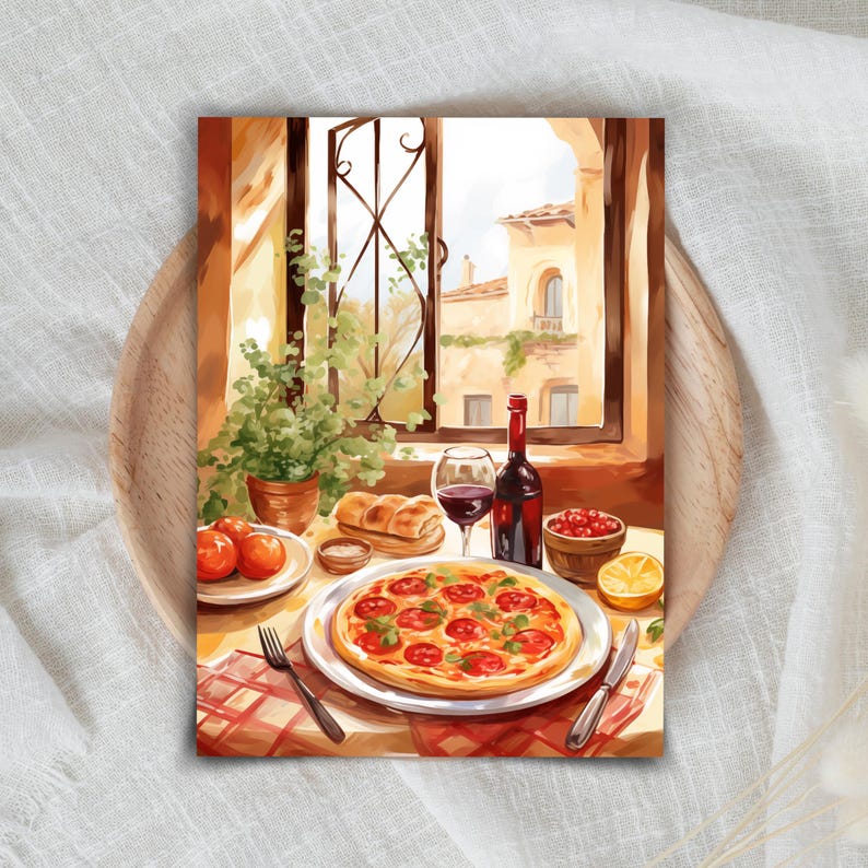 Puede incluir: Una pintura que representa una mesa puesta con una pizza, una copa de vino tinto, una botella de vino tinto, un cuenco de bayas rojas, un lim&oacute;n y una hogaza de pan. La mesa est&aacute; cubierta con un mantel a cuadros rojos y blancos. La escena se desarrolla frente a una ventana con vistas a un edificio.