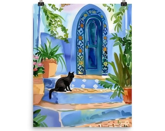 May include: A watercolor-style art print depicting a black cat sitting on blue steps in front of an arched doorway. The door frame features a floral pattern, and the scene is surrounded by potted green plants and hanging vines in shades of blue.