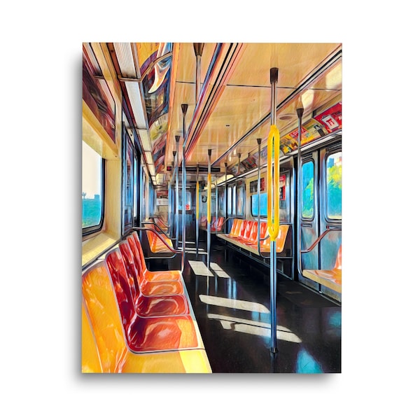 NYC Subway Interior Print, Orange Seats and Sunlit Aisle, New York City Watercolor Transit Wall Art