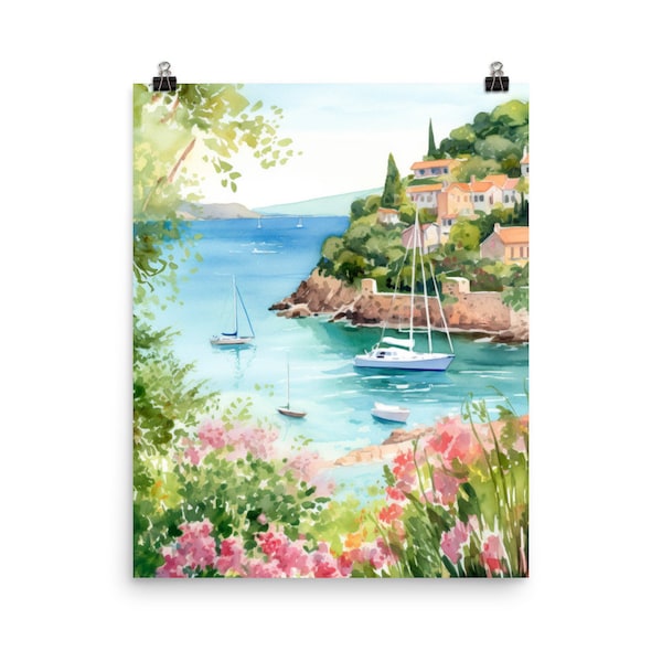 Portofino Watercolor Print | Italian Travel Gift | Coastal Landscape | Seaside Poster | Italy Decor | Mediterranean Sea | Europe Wall Art