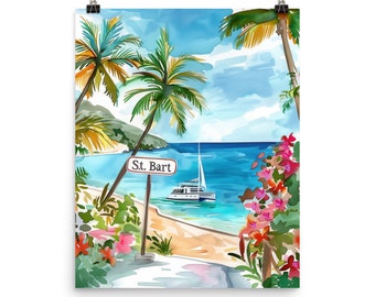 May include: A watercolor painting of a tropical beach scene with palm trees, a sailboat, and a sign that reads "St. Bart".
