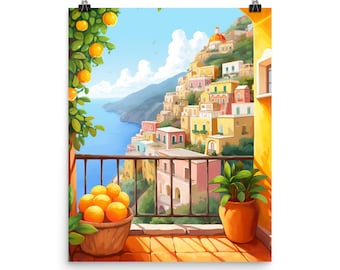 Positano Watercolor Print, Amalfi Coast Orange Grove Art, Italy Coastal Decor Poster