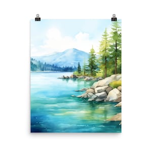 Lake Tahoe Watercolor Print | Sierra Nevada | Mountain Landscape | American Nature Wall Art | US Travel Poster | California Gift | Lakeside