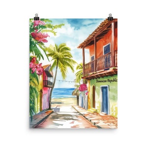 Dominican Republic Watercolor Print | Santo Domingo | Caribbean Island Decor | Colorful Houses Poster | Coastal Cityscape | Dominican Gift