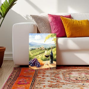 Puede incluir: Una pintura de un vaso de vino tinto y una botella de vino sobre una mesa de madera con uvas, con vistas a un vi&ntilde;edo.