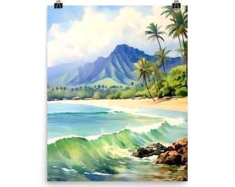 May include: A painting of a tropical beach scene with palm trees, a mountain range in the background, and a turquoise ocean with white waves crashing on the shore.