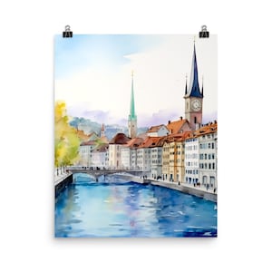 Zurich Watercolor Print | Switzerland Travel Gift | St. Peter&#39;s Clocktower | Fraumunster Church | Swiss Wall Art | Europe Landmark Decor