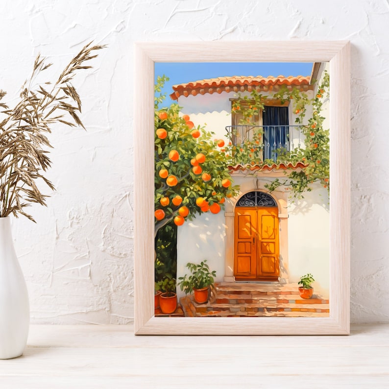 Andalusian Orange Tree Watercolor Print, Spain Wall Art, Mediterranean Home Decor, Spanish Travel Poster, European Countryside Artwork image 5
