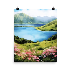 May include: A watercolor painting of a lake surrounded by green hills and a field of pink and white flowers.
