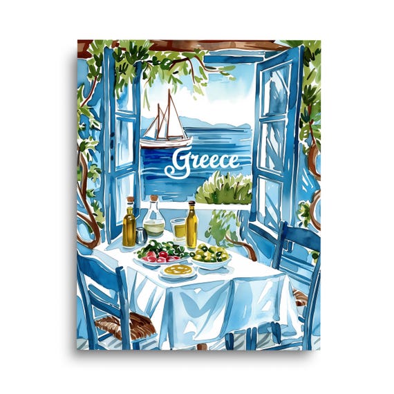 Greek Taverna Watercolor Print, Aegean Sea View Art, Greece Travel Wall Decor, Mediterranean Kitchen Artwork, Coastal Dinner Table Poster