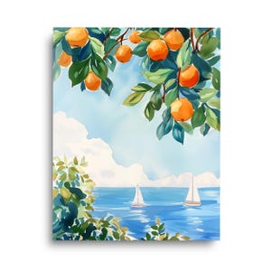 Citrus Dreams Watercolor Print | Oranges Wall Art | Sailboat Decor | Seaside Painting | Coastal Landscape | Seascape | Mediterranean Poster