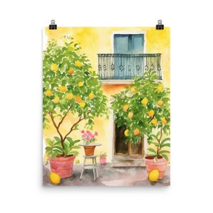 Sorrento Lemon Trees Watercolor Print | Italy Travel Poster | Fruit Illustration | Europe Wall Art | Cute Architecture | Farm House Decor