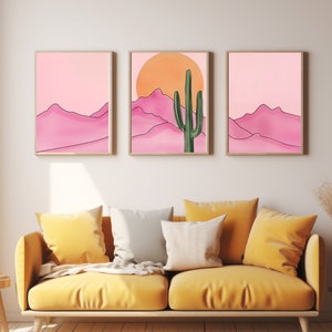 Retro Pink Desert Watercolor Print Set of 3, Saguaro Cactus Wall Art ...
