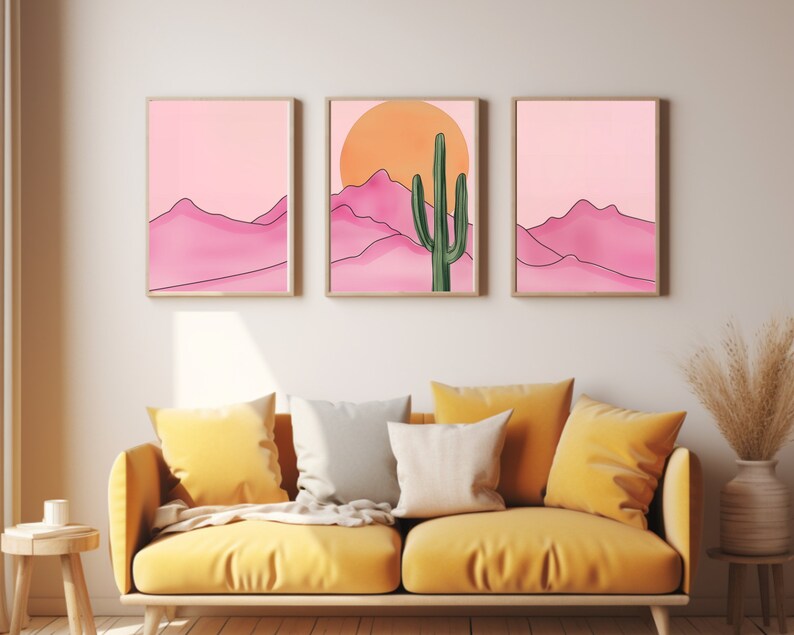 Retro Pink Desert Watercolor Print Set of 3, Saguaro Cactus Wall Art ...