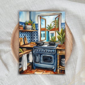 May include: A blue and white tiled kitchen with a vintage stove and a window overlooking a tropical scene. The window is open and there is a palm tree visible outside. A small wooden shelf above the stove has a can labeled "Dominican Republic".