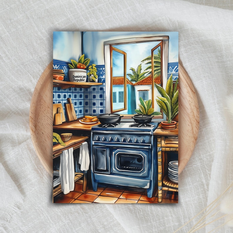 May include: A blue and white tiled kitchen with a vintage stove and a window overlooking a tropical scene. The window is open and there is a palm tree visible outside. A small wooden shelf above the stove has a can labeled "Dominican Republic".