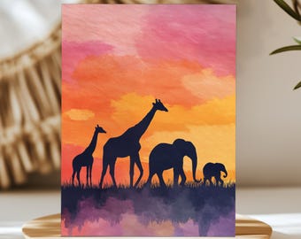 African Safari Watercolor Print, Africa Decor, Wildlife Silhouette Wall Art, Savannah Sunset Artwork, Giraffe Elephant Art, Colorful Sky