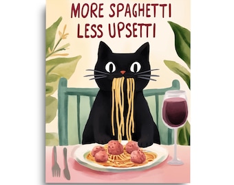 Black Cat Spaghetti Print, Funny Kitchen Dining Room Art, Italian Food Poster, Cat Lover Gift, Humorous Pet Wall Decor, Quirky Culinary Art