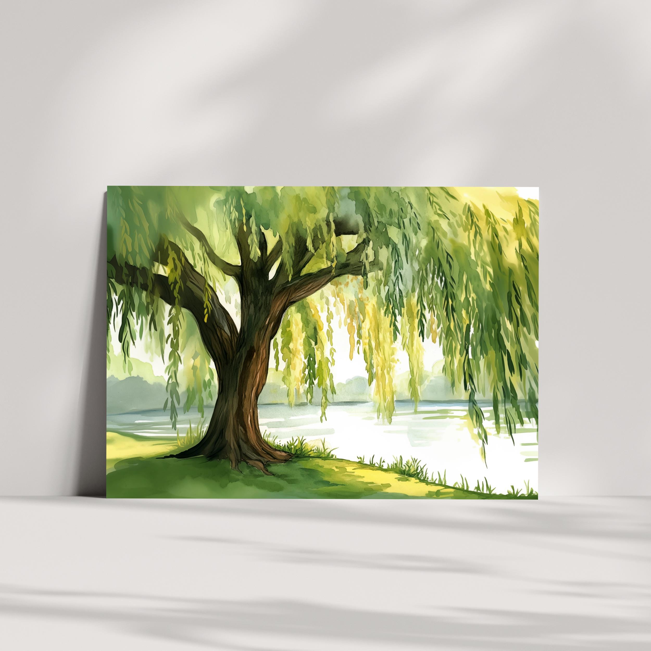 Willow Tree Watercolor Print, Serene Lakeside Landscape Art