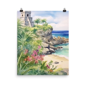 Tulum Watercolor Print | Mexico Home Decor | Caribbean Coastline | Yucatán Peninsula | Mayan Ruins | Mexican Landscape Painting | Tropical