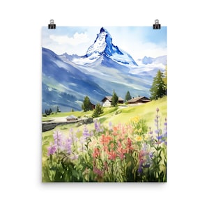 Zermatt Watercolor Print | Switzerland Travel Gift | Matterhorn | Swiss Wall Art | Mountain Landscape | Alpine Decor | Europe Poster | Alps