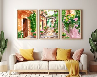 Bari Italy Set of 3 Watercolor Prints, Travel Wall Art, Triptych Print Set