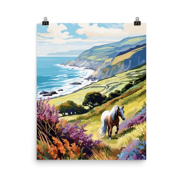 Exmoor National Park Watercolor Print | UK Travel Poster | Pony Poster | English Country | Countryside Decor | British Landscape | Seaside