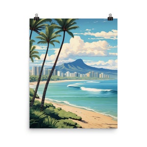 Honolulu Watercolor Print | Hawaii Travel Gift |  Oahu Decor | Scenic Beachfront | Island Paradise Wall Art | Hawaiian Honeymoon | Palm Tree