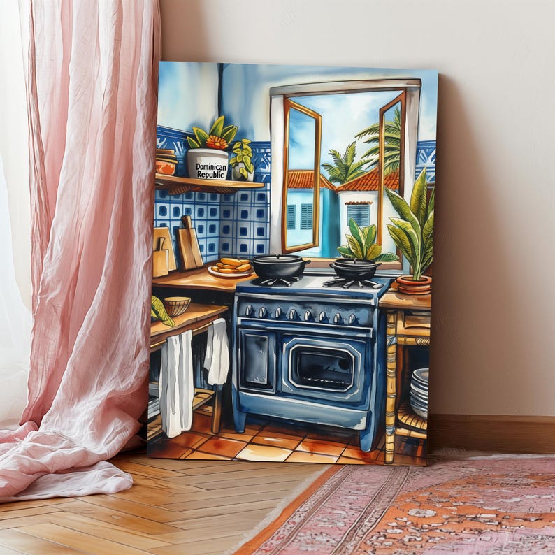 May include: A colorful painting of a kitchen with a blue tiled backsplash, a vintage stove, and a window overlooking a tropical scene. The window has a sign that reads "Dominican Republic".