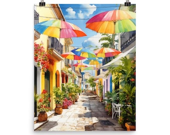 Puerto Plata Watercolor Print, Colorful Umbrellas Dominican Republic Art, Caribbean City Poster, Vibrant Market Wall Decor, Tropical Art
