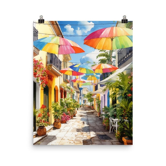 Puerto Plata Watercolor Print, Colorful Umbrellas Dominican Republic Art, Caribbean City Poster, Vibrant Market Wall Decor, Tropical Art