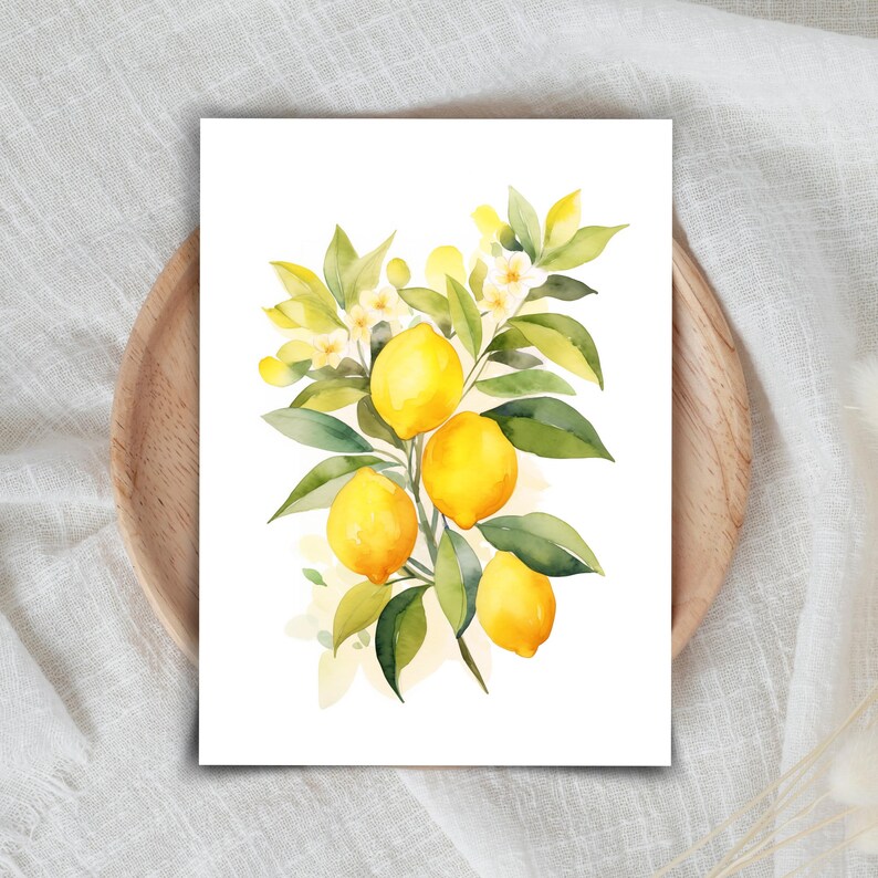 May include: A watercolor illustration of a lemon branch featuring four bright yellow lemons, green leaves, and small white blossoms. The artwork is presented on a white rectangular background, showcasing a botanical arrangement of citrus fruit.