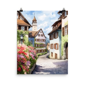 May include: A watercolor painting of a quaint European village street with colorful buildings, a clock tower, and lush greenery. The street is cobblestone and there is a lamppost on the left side of the image.