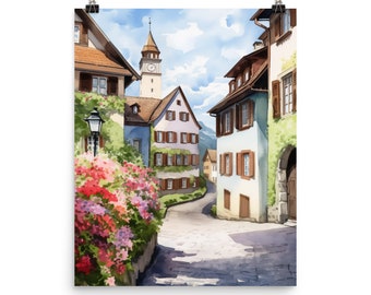 Basel Switzerland Watercolor Print, Historic European Cityscape Wall Art, Swiss Travel Poster