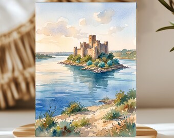 Almourol Castle Portugal Watercolor Wall Art, Print or Canvas