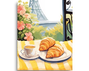 Paris Croissant Watercolor Print, French Cafe Art, European Breakfast Poster, Parisian Kitchen Decor, Coffee and Pastry Wall Art, France Art