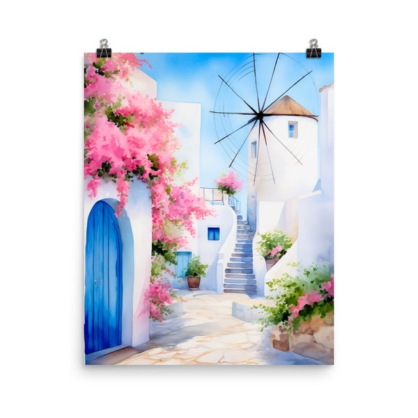 Mykonos Windmills Watercolor Print | Greece Travel Gift | Greek Wall Art | Cycladic Islands | Mediterranean Painting | Blue Door Poster