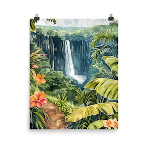 May include: A watercolor painting of a lush tropical jungle scene with a waterfall cascading down a cliff. The painting features vibrant green foliage, bright orange flowers, and a path leading towards the waterfall.