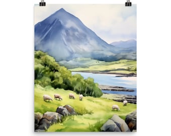 Snowdonia National Park Watercolor Print, Welsh Sheep Wall Art, UK Landscape Poster, Countryside Travel Decor, England Nature Artwork Gift
