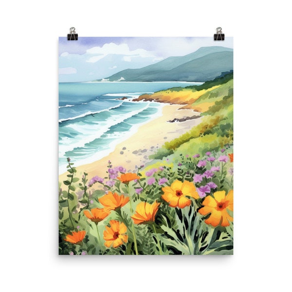 California Watercolor Print | California Travel Gift | Seaside Flowers Art | Coastal Landscape | Beach Decor | Pacific Ocean | Seascape Art