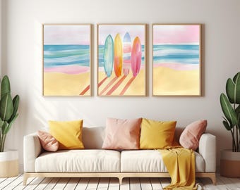 Pastel Surfboards Watercolor Print, Set of 3, Pink Beach Wall Art, Coastal Summer Decor, Surf Triptych Poster, Tropical Seaside Artwork