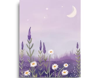 Lavender Wildflower Watercolor Print, Crescent Moon Meadow Landscape, Boho Botanical Art, Purple Floral Illustration, Cottagecore Nature Art