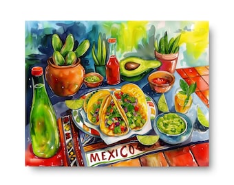 Mexican Tacos Print or Canvas, Colorful Taco Table with Avocado and Salsa Watercolor