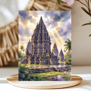 Prambanan Temple Spires after Rain Watercolor Print or Canvas, Central Java Historic Wall Art, Indonesia Travel Decor