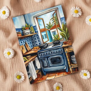 May include: A blue and white tiled kitchen with a vintage stove and a window overlooking a tropical scene. The stove has a black top and a blue oven door. The window is open and there are palm trees visible outside. A small can with the text "Dominican Republic" is on a shelf.
