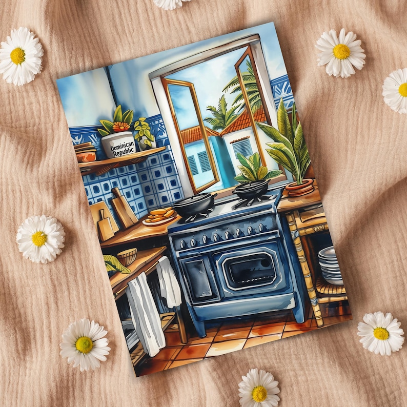 May include: A blue and white tiled kitchen with a vintage stove and a window overlooking a tropical scene. The stove has a black top and a blue oven door. The window is open and there are palm trees visible outside. A small can with the text "Dominican Republic" is on a shelf.