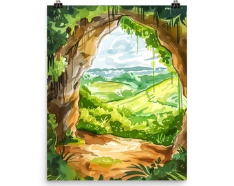 Camuy Caves Watercolor Print, Puerto Rico Tropical Landscape Art, Caribbean Wall Decor, Exotic Island Poster, Seaside Nature Painting Gift