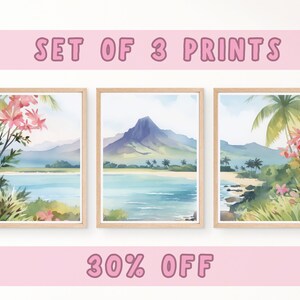 May include: A set of three framed watercolour prints featuring tropical landscapes with mountains, palm trees, and pink flowers. The text SET OF 3 PRINTS appears at the top and 30% OFF at the bottom. Each print is encased in a light wood frame.