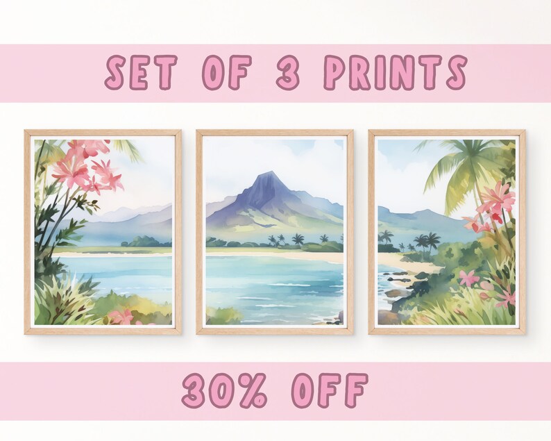May include: A set of three framed watercolour prints featuring tropical landscapes with mountains, palm trees, and pink flowers. The text SET OF 3 PRINTS appears at the top and 30% OFF at the bottom. Each print is encased in a light wood frame.